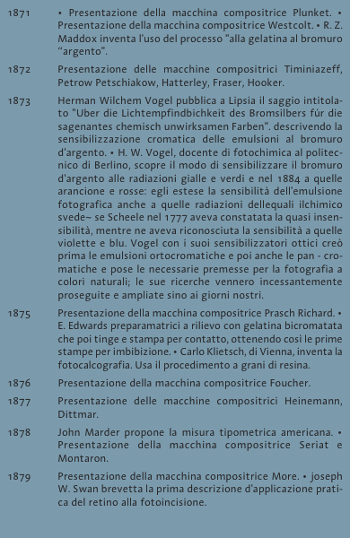 1871	&bull; Presentazione della macchina compositrice Plunket. &bull; Pr