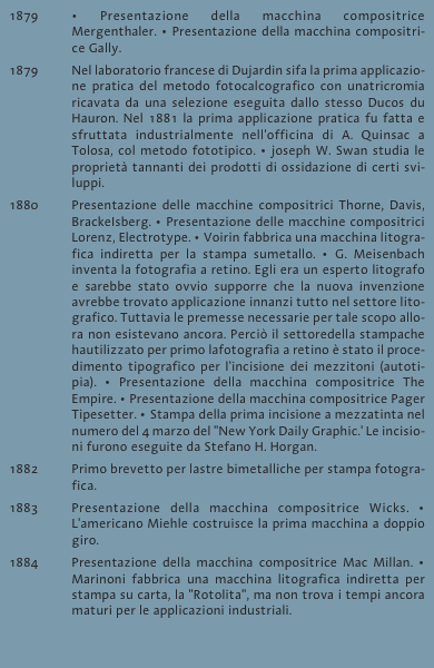 1879	&bull; Presentazione della macchina compositrice Mergenthaler.